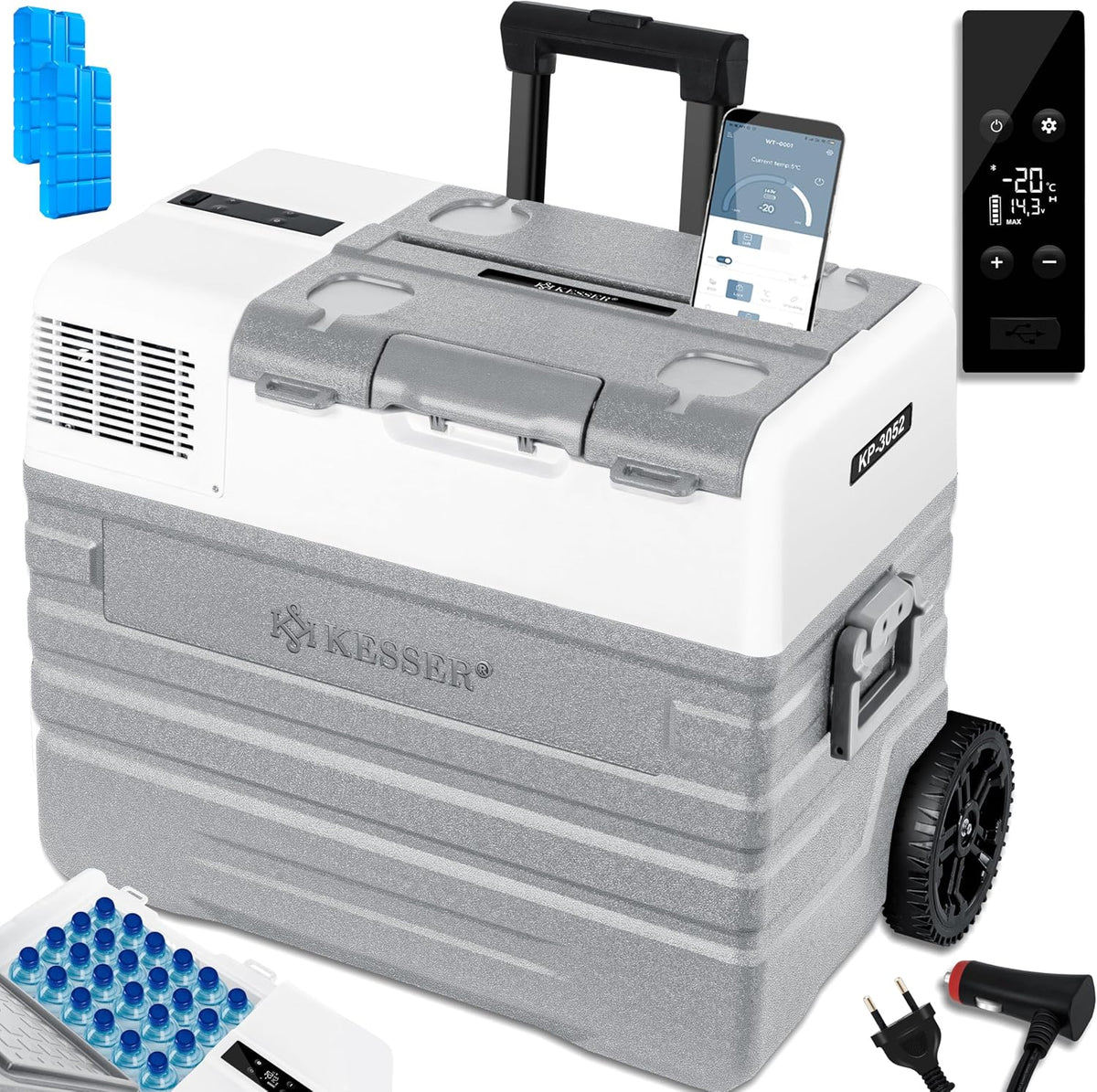 KESSER Kühlschrank, 52 Liter, 24 V, 230 V, weiß/grau, ® Kompressor Kühlbox elektrisch Gefrierbox, Mit APP-Steuerung USB-Anschluss 12/