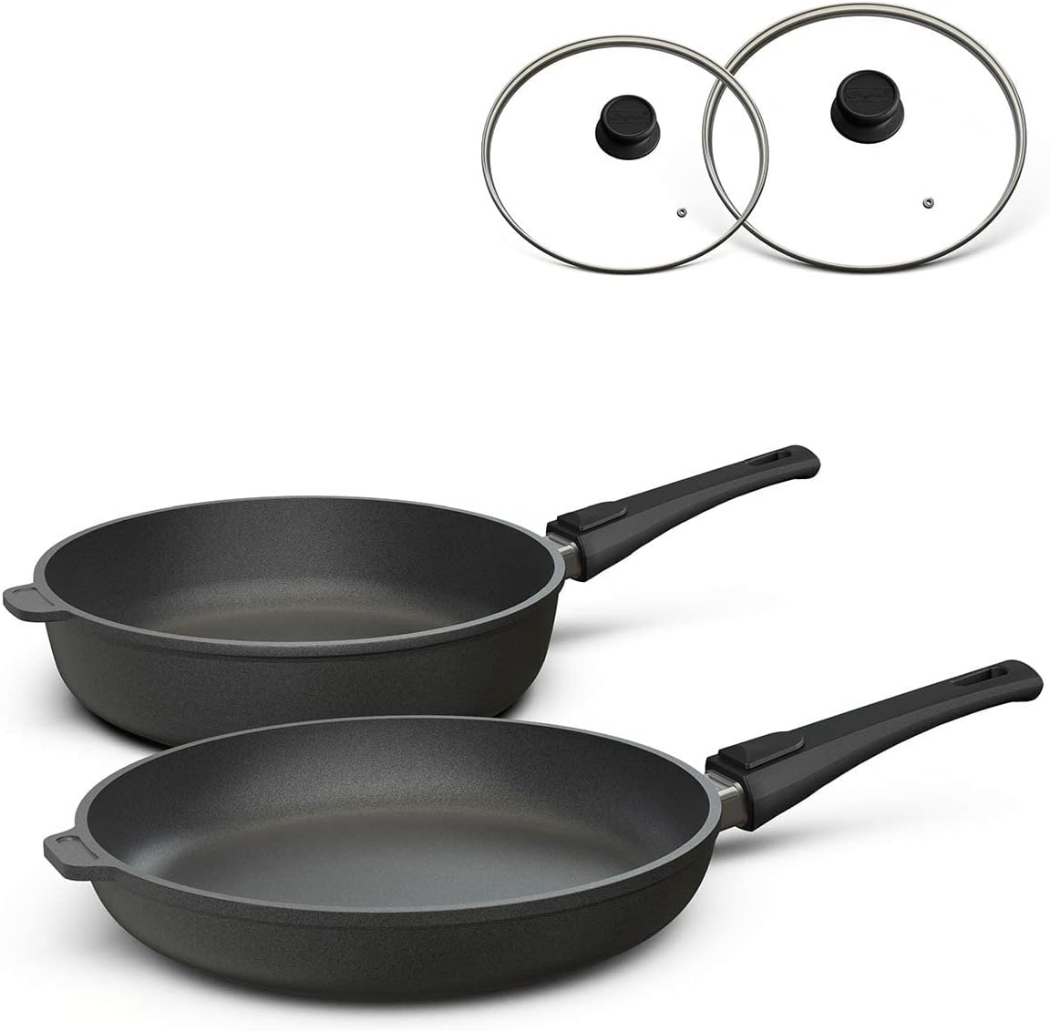 Hoffmann Backofen, Schwarz, Aluguss Pfannenset mit Glasdeckel und abnehmbaren Griff, 4-teilig I Für alle Herdarten auch Induktion I Made