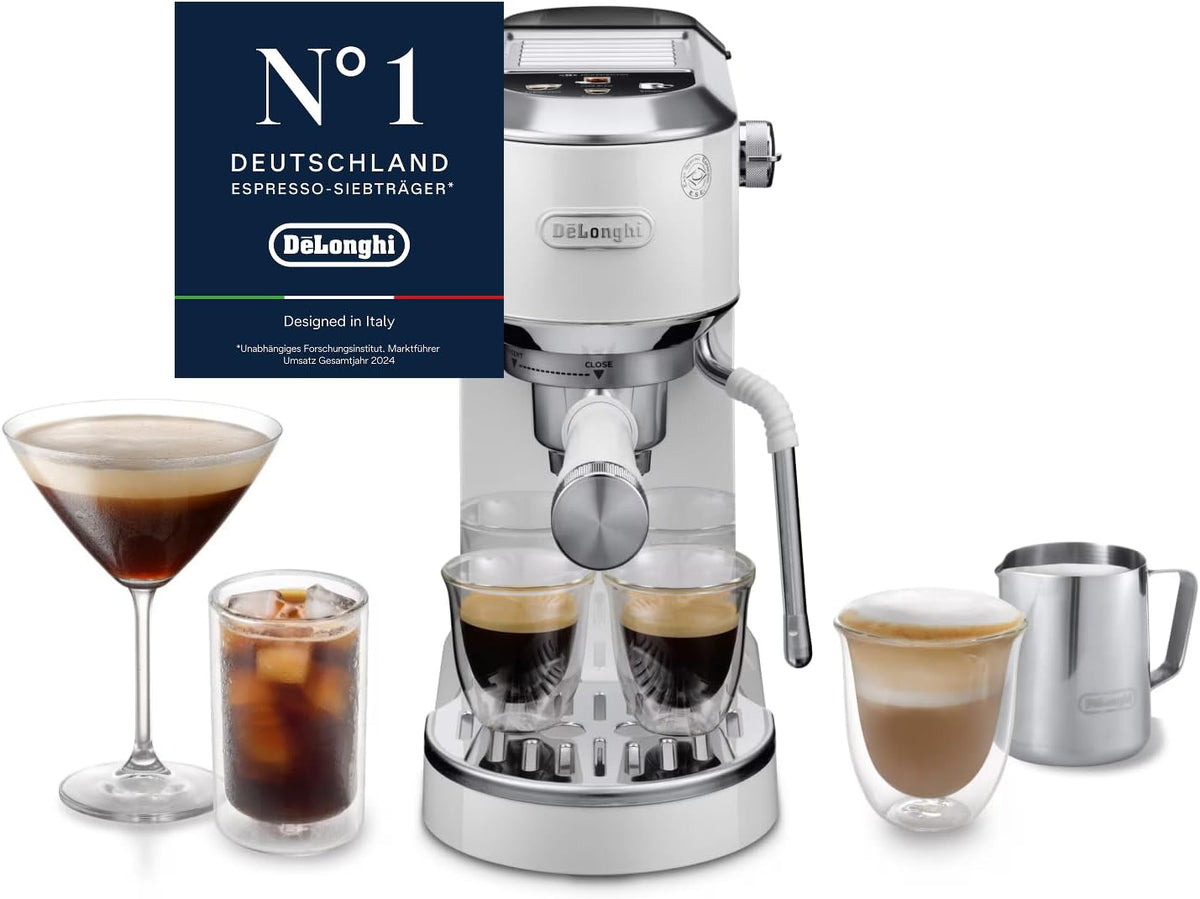 De'Longhi Dedica Arte EC885.M, Traditionelle Siebträgermaschine, Manuelle Kaffeemaschine mit MyLatteArt Dampfstab, Kompakt, 15 cm Breite, Passend