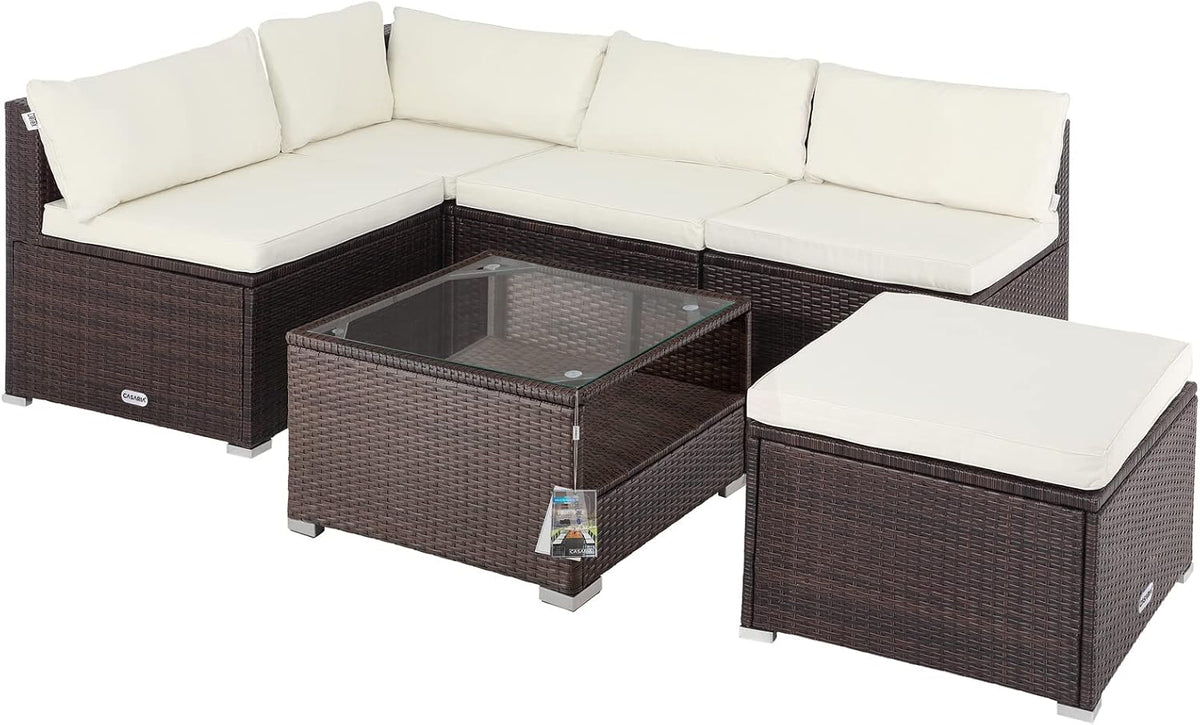 Sofa Casaria, Braun/Creme, ® Gartenmöbel Lounge Set Wetterfest 5 Personen Polyrattan