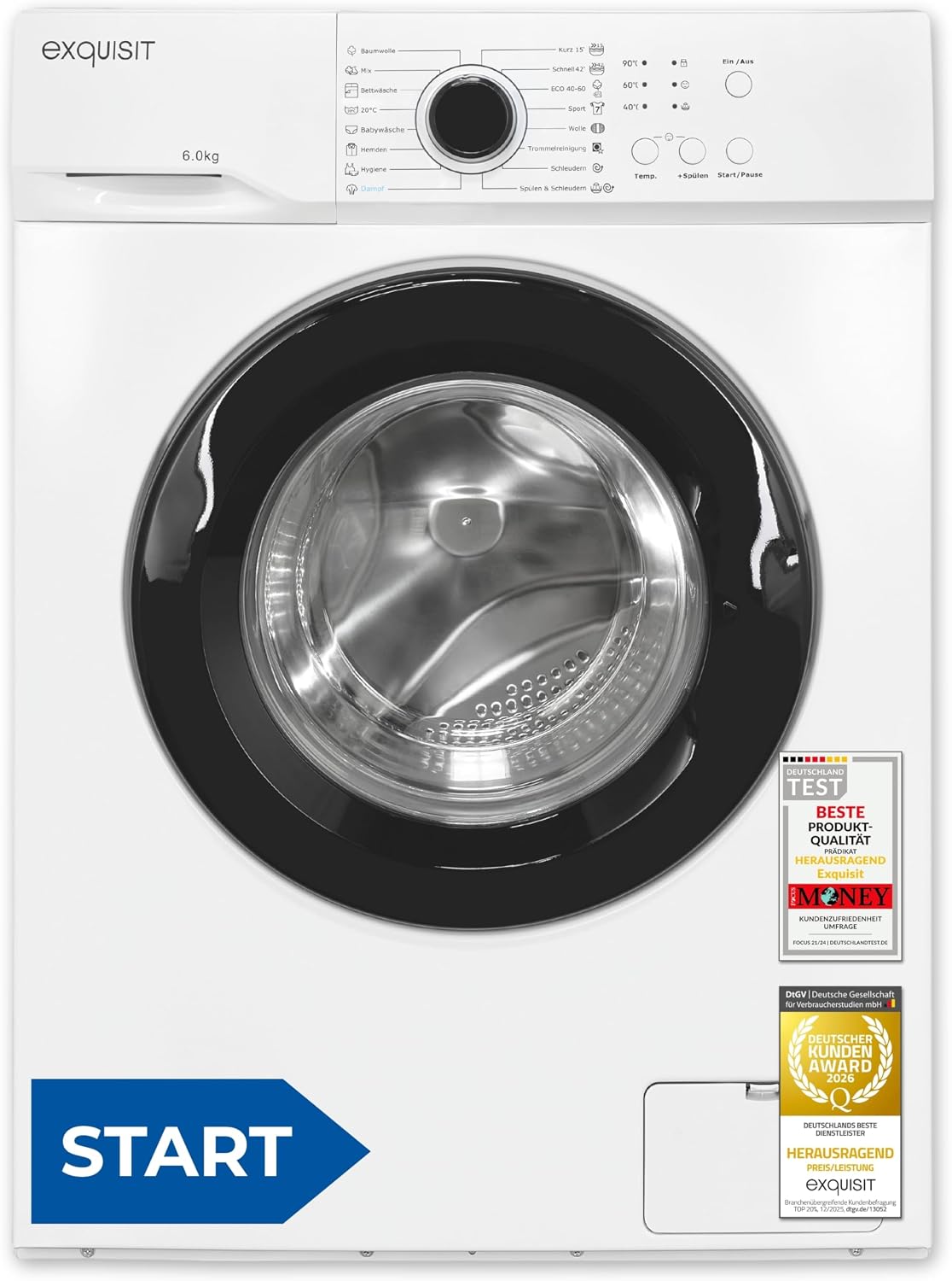 Exquisit Waschmaschine, 85 x 60 x 44 cm, 76 dB, 6 kg, weiß/schwarz, Nennkapazität, 1000 U/Min, Energieklasse A
