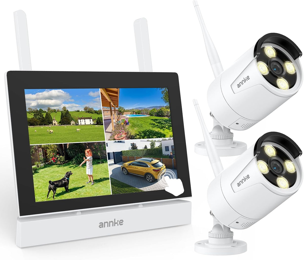 ANNKE Monitor, Weiß/Schwarz, Überwachungskamera Set mit, 7' Touchscreen NVR Bildschrim mit 2X 2K WiFi Kamera, Vollmetallmaterial
