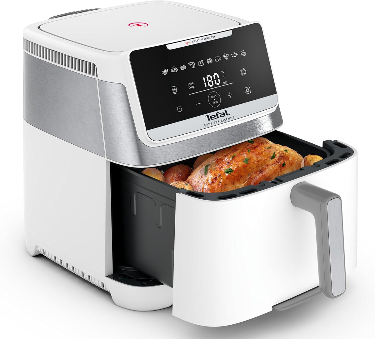 Tefal Heissluftfritteuse, 7 L, Weiß, Easy Fry Silence Heißluftfritteuse, Fassungsvermögen, Silent-Technologie, 10 voreingestellte Programme