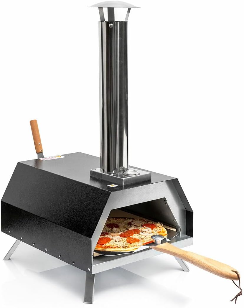 InnovaGoods Pizzaofen, 30x30 cm, Schwarz/Silber, ® Pellet- mit Zubehör, mit Steinsockel Ø 0 cm max. Schnelles Garen bis zu 500ºC