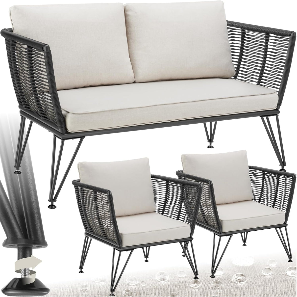 tectake Sofa, Schwarz/Beige, ® Rattan Lounge Set, mit und 2er Set Outdoor Sessel, Lounge Möbel Outdoor, Balkon Möbel
