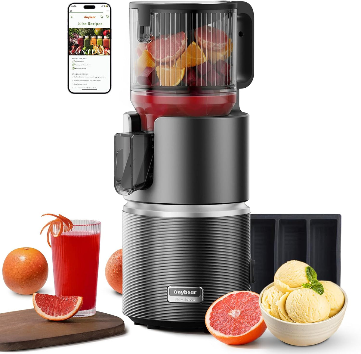 Anybear Mastizier-Entsafter mit einer Schnecke, 124 mm, 350 W, Dunkelgrau, Entsafter mit Einfüllschacht Slow Juicer