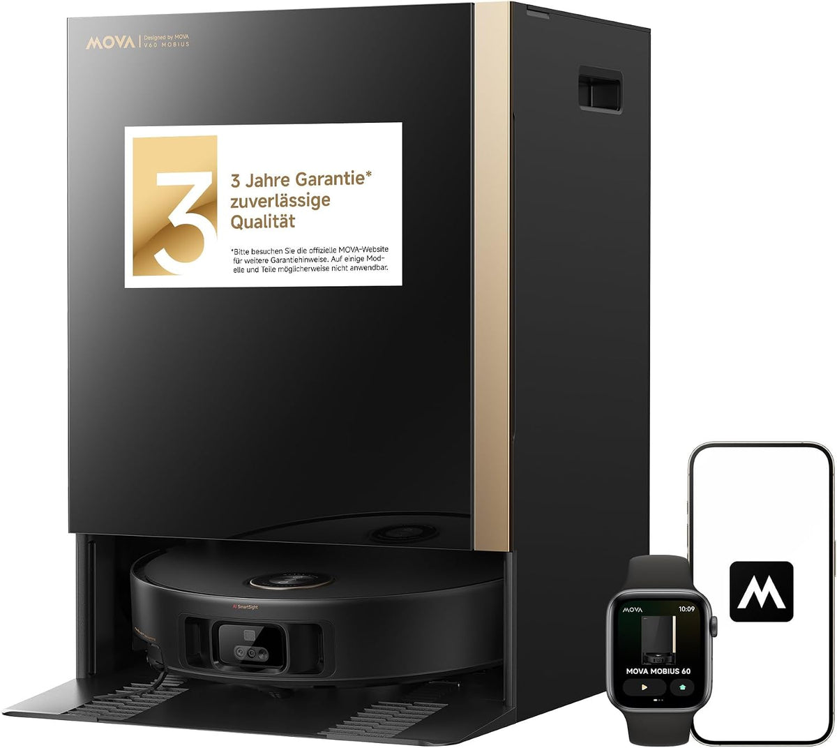 Mova Saugroboter, 8 cm, Schwarz/Gold, Mobius 60 mit MopSwap-System, 30.000 Pa Saugleistung, dynamischem Saugrückhaltesystem