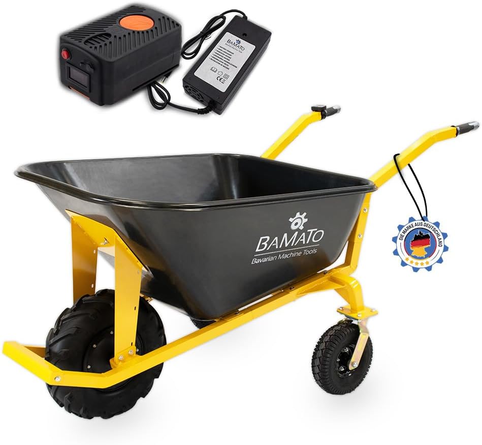 BAMATO Schubkarren, 160 Liter, 200 kg, 400 W, Schwarz/Gelb, elektrische Schubkarre MTR-200, Tragkraft, 5 Stunden Arbeitszeit (Opt. bis zu 10 Stunden)
