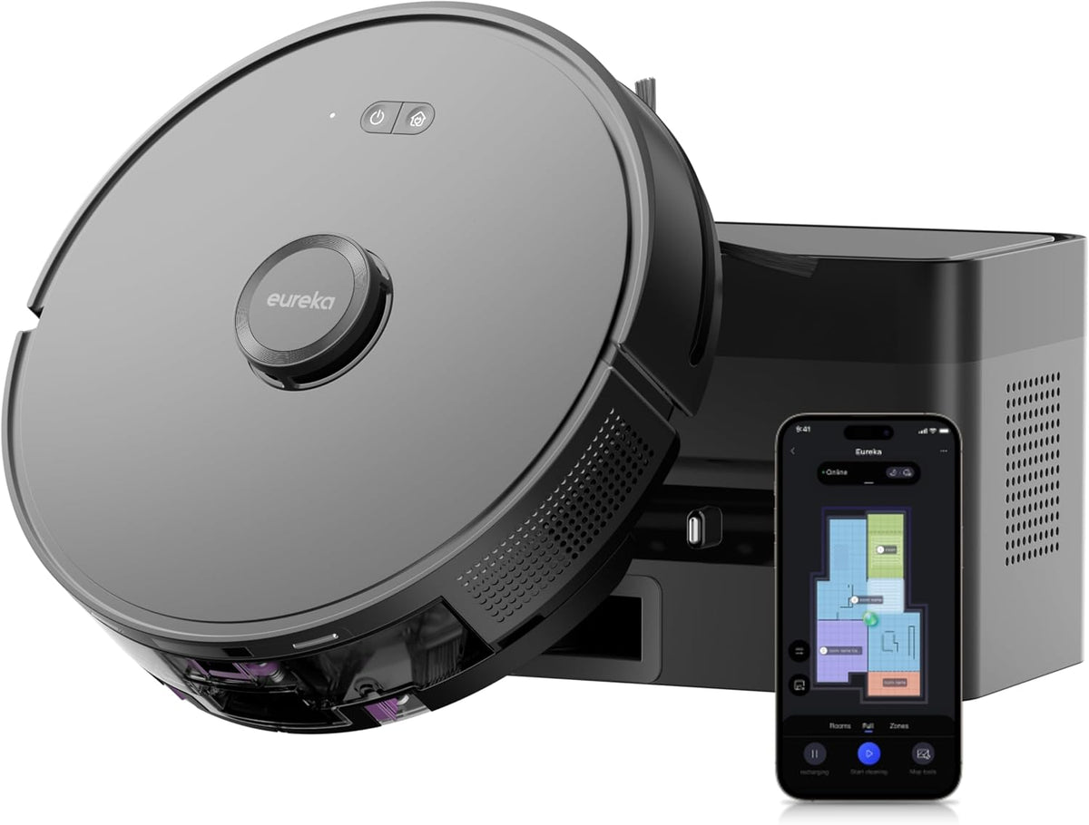 EUREKA Saugroboter, Schwarz, E6 Plus und Bodenwischer mit automatischer Staubentleerung