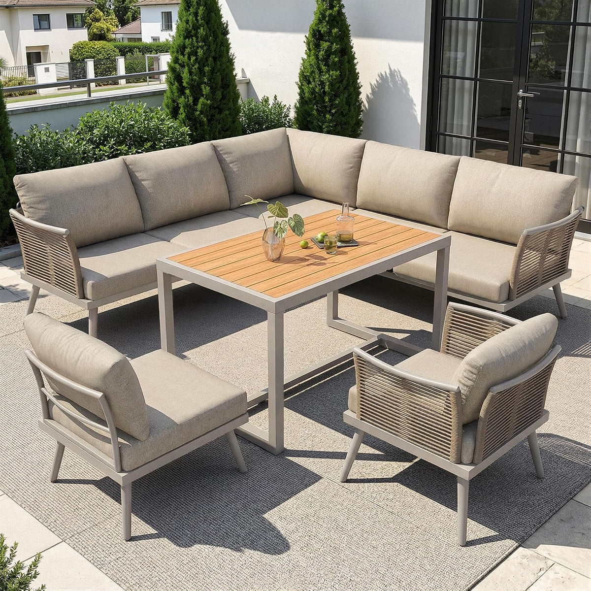 Sofa Lcoho, 181 x 65 x 79 cm, Eisen, Glas und Stoff, Beige/Grau, Achtpersonen L-förmiges Garten -Set