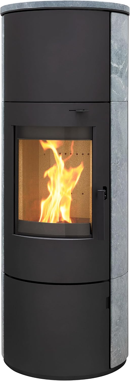 Thermia Kaminofen, 150 mm, 7kw, Schwarz/Grau, München XL Stahl schwarz Speckstein Speicherofen