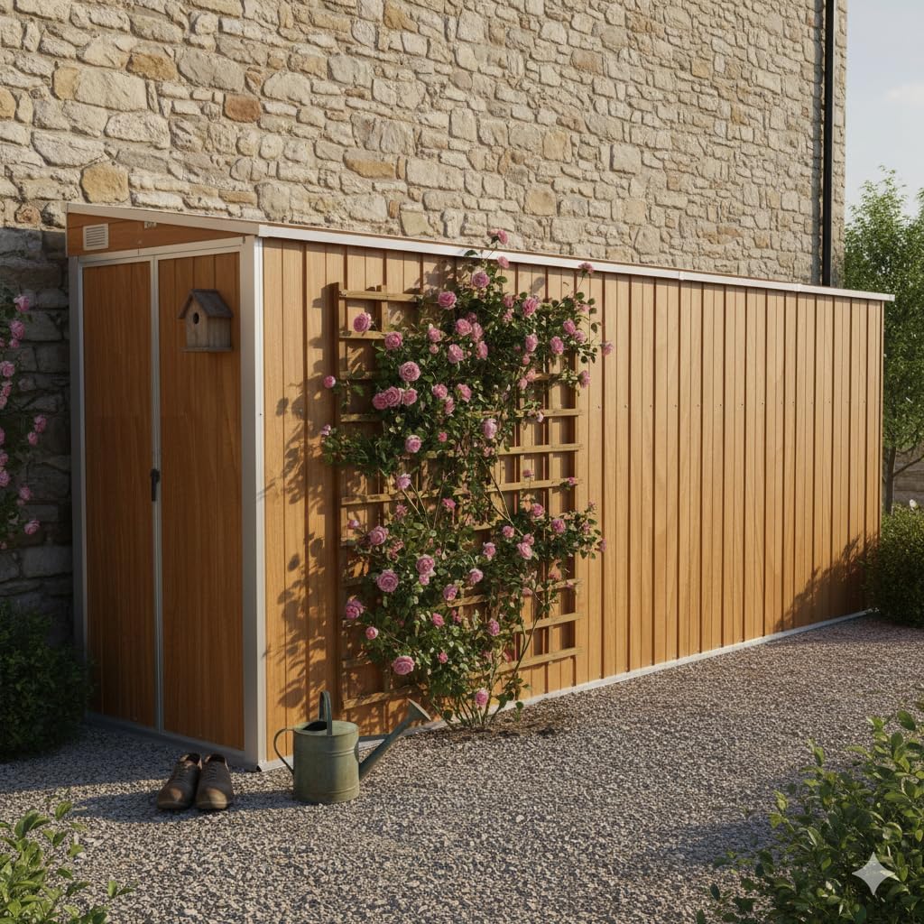 Woonisher Gerätehaus, 118x382x178 cm, Verzinkter Stahl, Metall, Holzoptik, Wandmontiertes Gartenhaus Braun Verzinkter Stahl