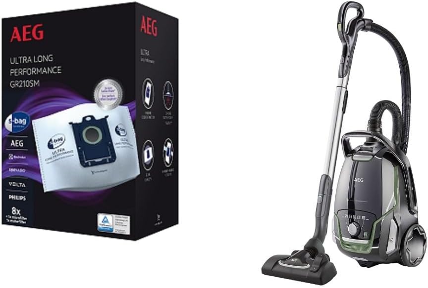 AEG Staubsauger, 65 dB, 5l, Schwarz/Silber, VX9-2-ÖKO mit Beutel + GR210SM Staubbeutel (70%, Zusatzdüsen, 850 Watt (max.)