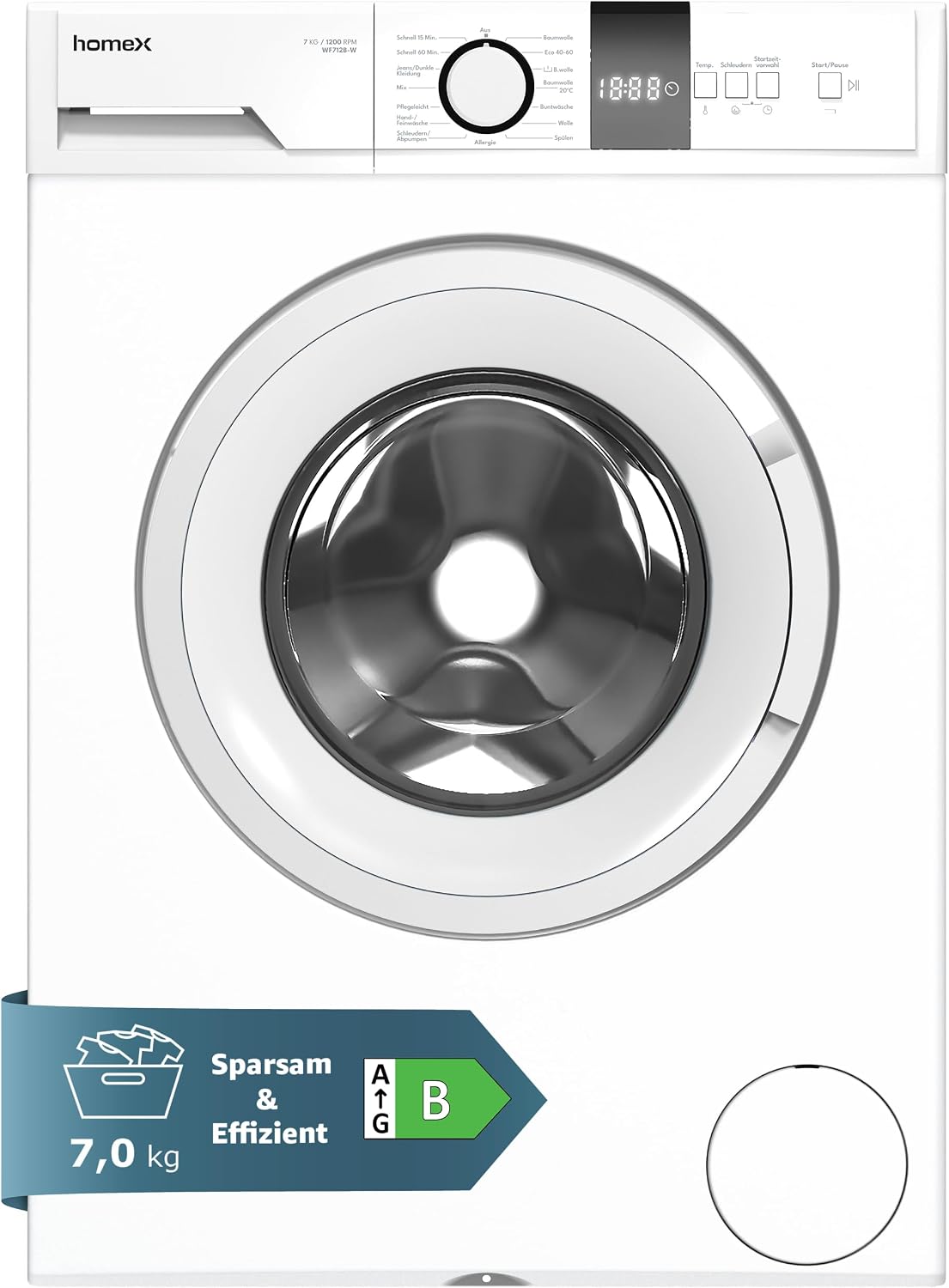 homeX Waschmaschine, 7 kg, weiß, Frontlader mit 1200 U/Min., Inverter Motor - Leise & Effizient, AquaStop - Schutz vor Wasserschäden