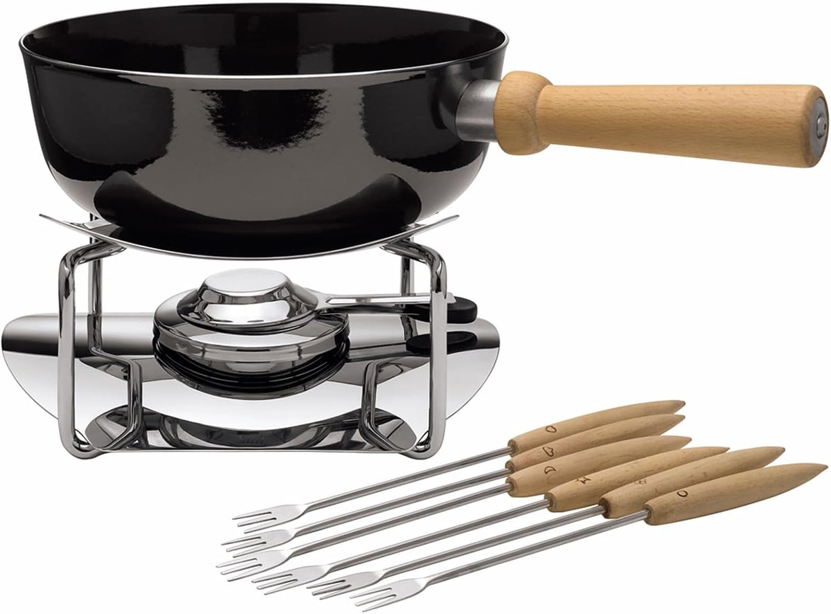 Silit Backofen, Schwarz/Holz, Käsefondue Set 9-teilig, Fondue für 6 Personen, Silargan Funktionskeramik, Induktion