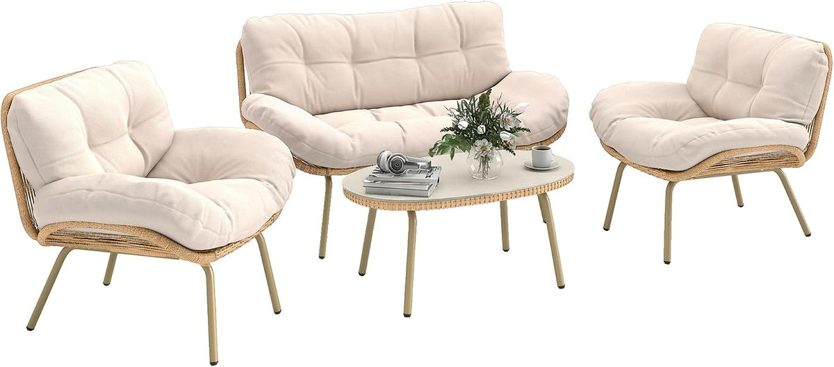Gartenmöbel-Set Outsunny, Beige, Gartenmöbel Set 4-teilig Polyrattan Lounge-Set mit, Balkonmöbel für 4 Personen Sitzgruppe für Garten Balkon