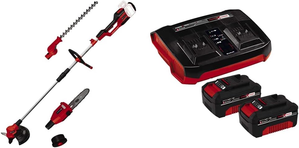 Einhell Heckenschere, 18 V, 4 Ah, Rot/Schwarz, Akku-Multifunktionswerkzeug GE-LM 36/4in1 Li Power X-Change, Brushless Motor