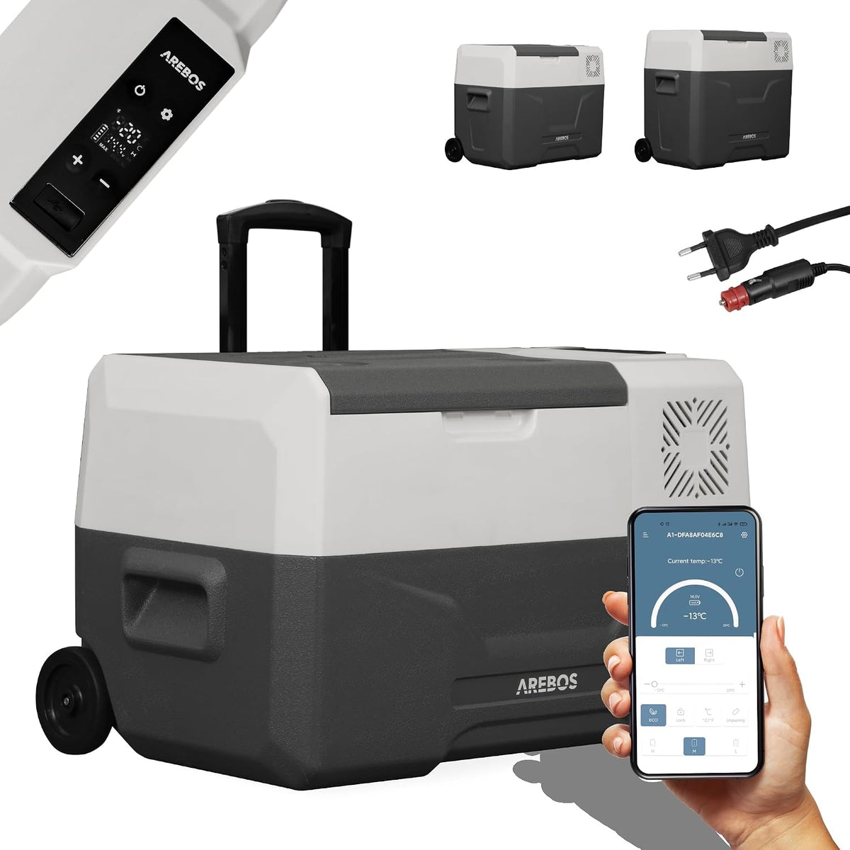 Arebos Kompressor, 27 Liter, 24 V, 230 V, Schwarz/Weiß, Kühlbox mit Rollen, Elektrische Gefrierbox mit APP & Smart-Steuerung