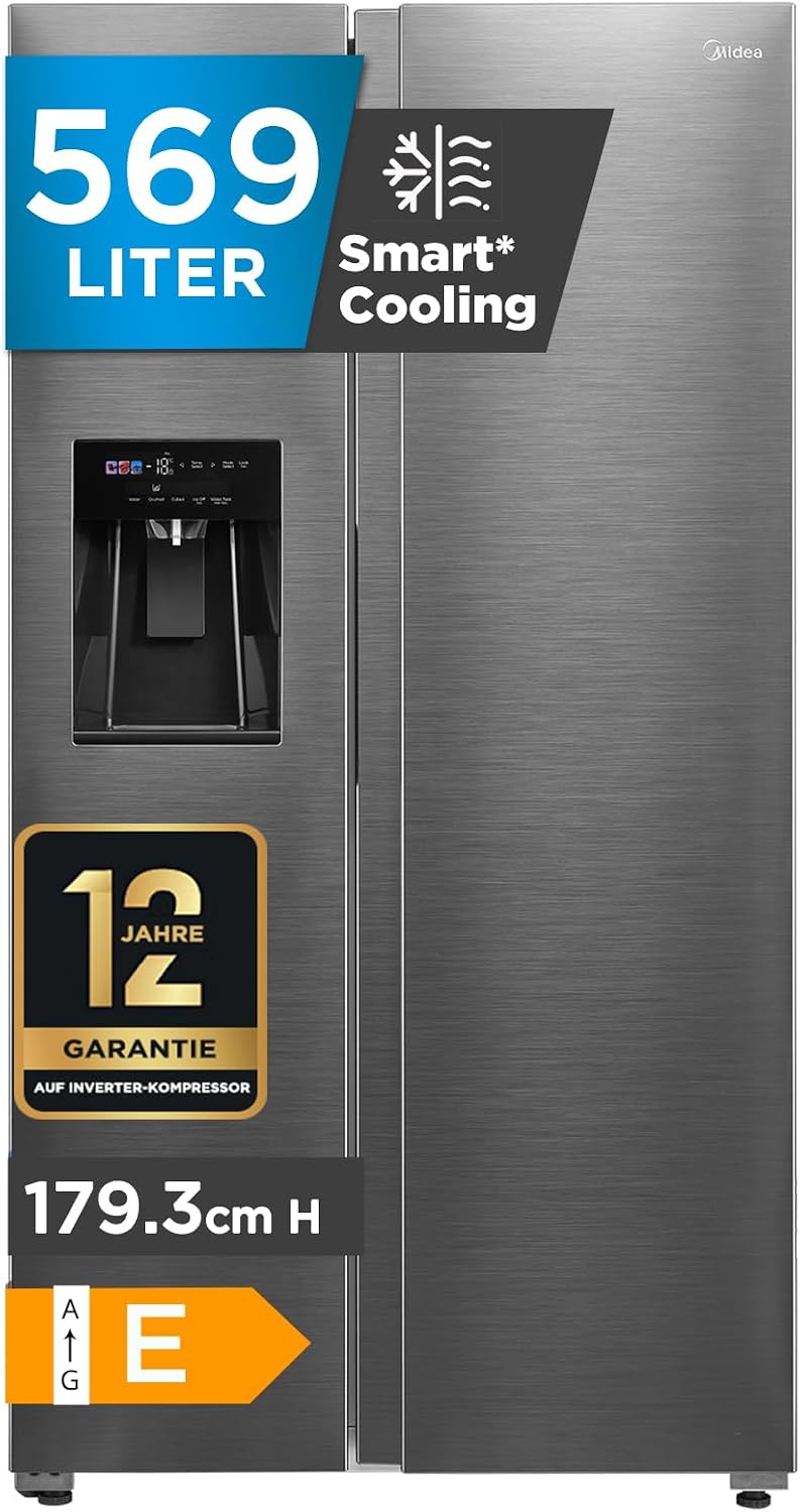 Midea Side-by-Side-Kühlschrank, 372 Liter, 197 Liter, 178,6 cm, 569 L, Edelstahl
