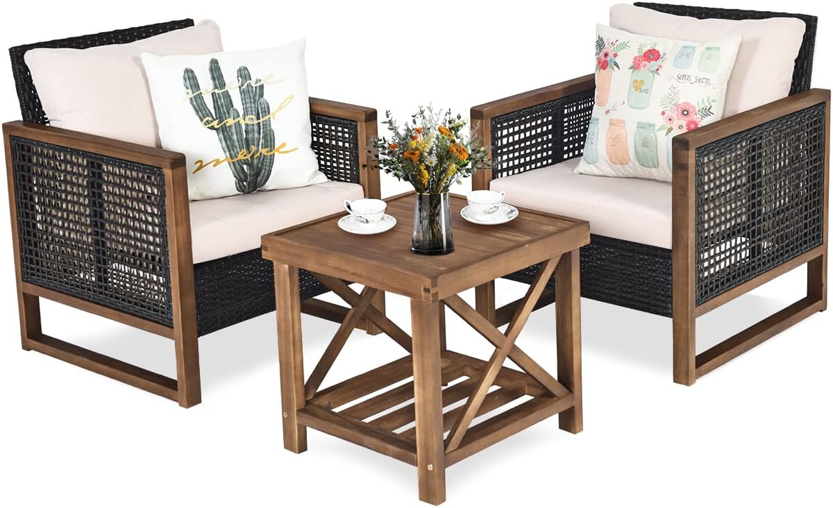 Gartenmöbel-Set GIANTEX, Schwarz/Braun/Beige, Gartengarnitur, Rattan Gartenmöbel Set 3 teilig, Balkonmöbel Set 2 Personen