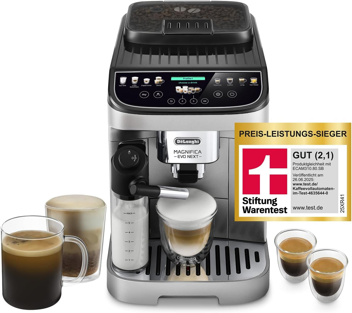 De'Longhi Kaffeevollautomat, Silber/Schwarz, Magnifica Evo Next - Perfetto mit, 13 One-Touch-Getränke, Coffee- und Cappuccino Kaffeemaschine