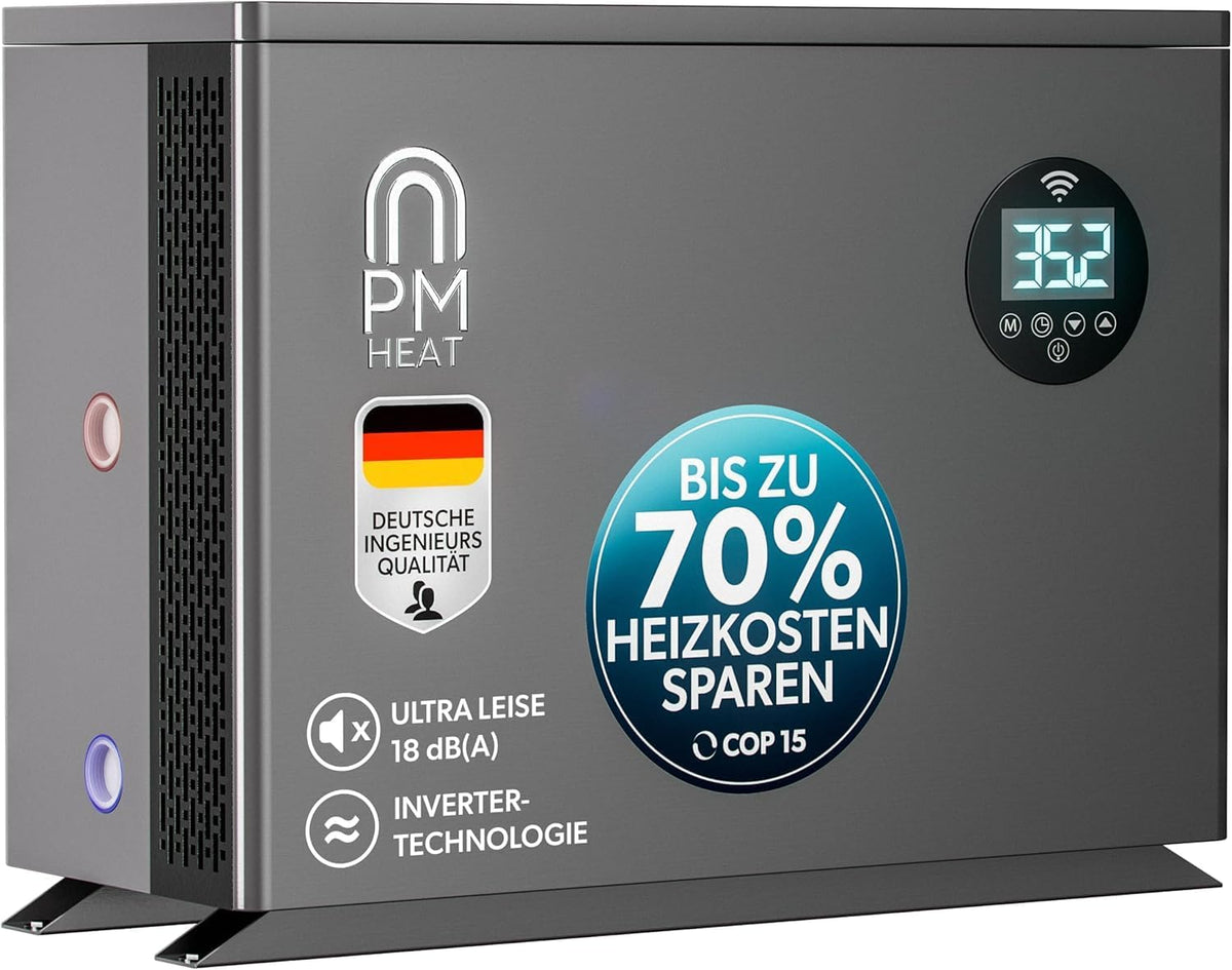 poolomio Kompressor, 14 kW, 80m, grau, ® Wärmepumpe Pool 50- ³, Effiziente Full Inverter Wärmepumpe Invermo mit Smarter