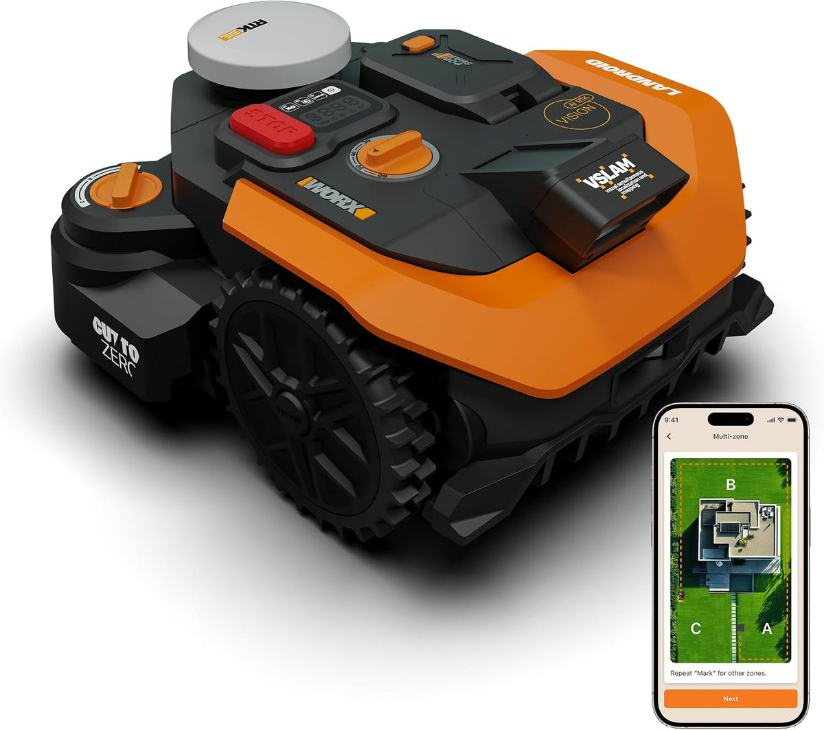 WORX Mähroboter, 800 m, Schwarz/Orange, Landroid Vision Cloud WR308E 2WD ohne Begrenzungskabel für, VSLAM+ RTK Cloud Navigation