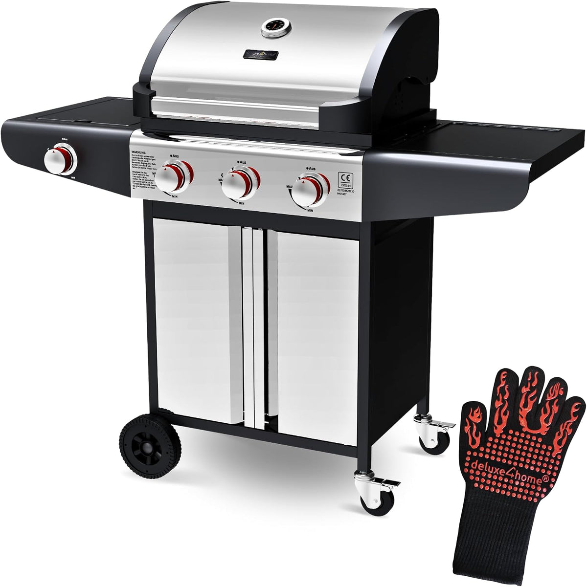 deluxe4home Gasgrill, Schwarz/Silber/Rot, BBQ Grillwagen mit Deckel I 3+1 Seitenbrenner XXL Grill
