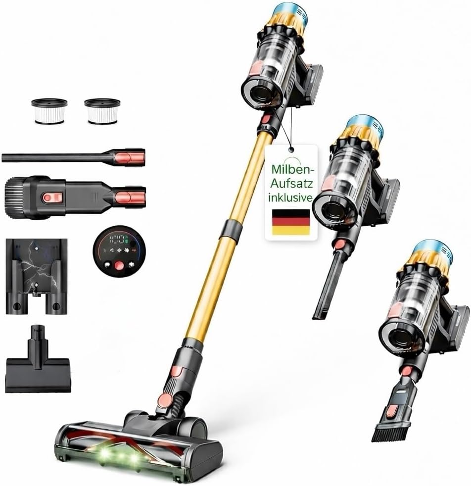 Avaloy Stabstaubsauger, 650 W, Gold/Schwarz, 45000Pa/ /80Min/300 qm Akkustaubsauger Kabellos, Milben Aufsatz, Akku Staubsauger Super Leise