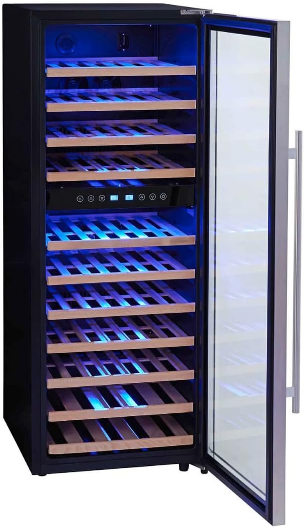 PKM Weinkühlschrank, 128x50 cm, 41 dB, 192 L, Holz, Schwarz/Silber, Vinothek WKS72B/ 5-18 °C/ 11 Holzeinschübe/