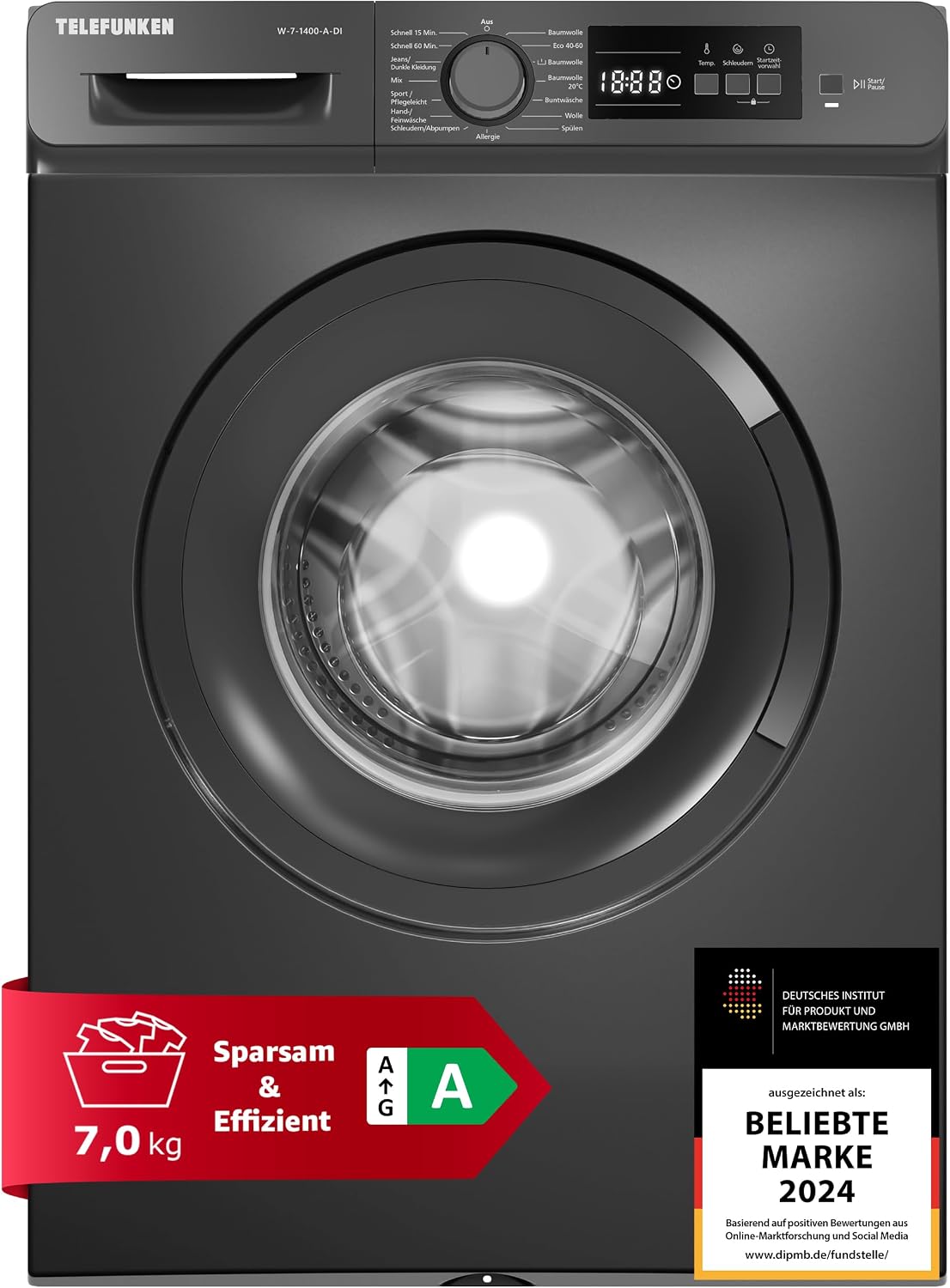 TELEFUNKEN Waschmaschine, 7 kg, schwarz, Frontlader 1400 U/Min., Inverter Motor - Leise & Effizient, AquaStop - Schutz vor Wasserschäden