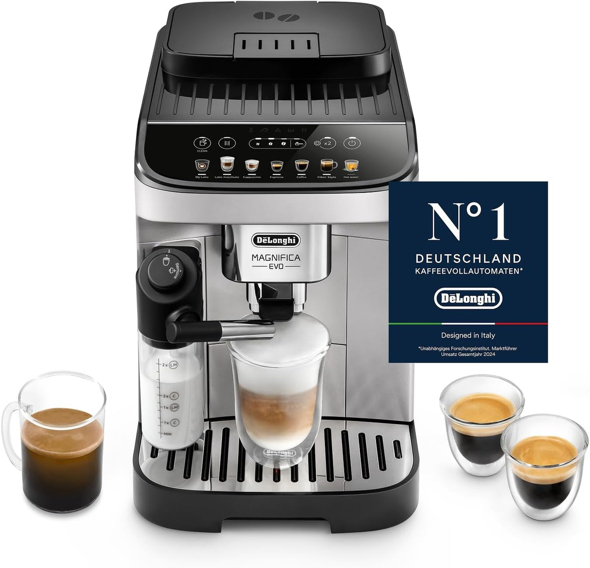 De'Longhi Kaffeevollautomat, Schwarz/Silber, Magnifica Evo - mit Vollautomatischem cremigen Milchschaum, 7 One-Touch-Getränke