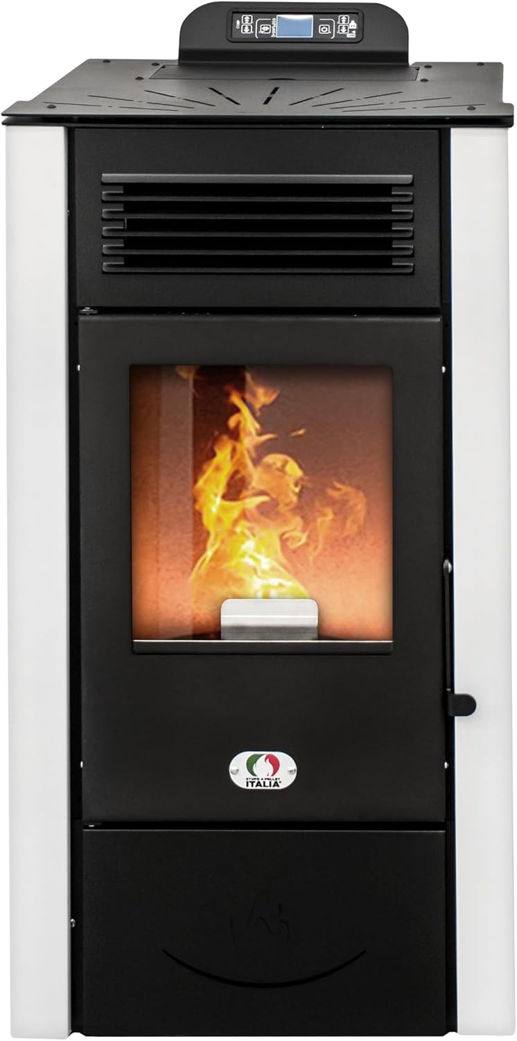 STUFE A PELLET ITALIA Öfen, 12 Kw, 120m, Schwarz/Weiß, San Diego WiFi 5 Sterne, Zertifizierte-Effizienz 91% Heizt ² Autonomie 15 Std 5