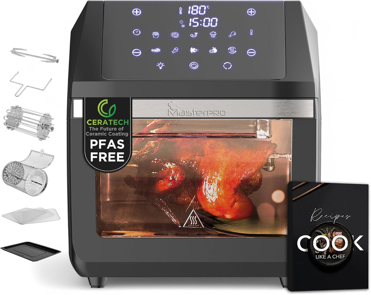 MasterPRO Backofen, 1800 W, 11 L, Schwarz/Silber, ROCKET 1100 - PFAS-Freie Heißluftfritteuse & Mini mit, Grill, Dörrgerät und Aufnahmehilfe