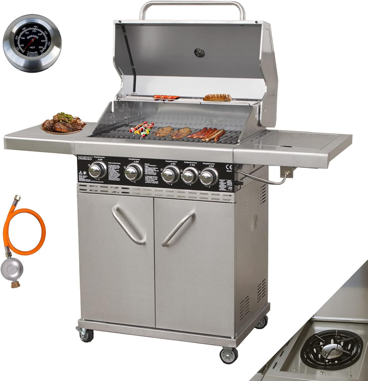 Vaiko Gasgrill, Silber, Chef 4 Echte Edelstahl Konstruktion Grillstation Grillwagen