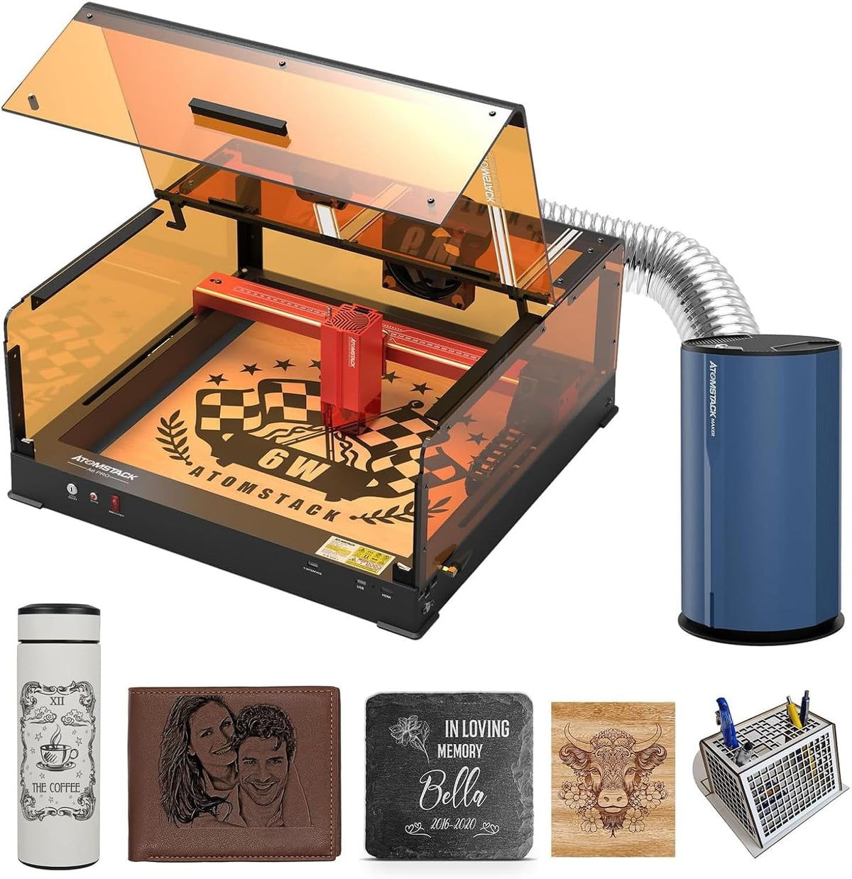 ATOMSTACK MAKER Dunstabzugshaube, 40 W, Schwarz/Rot/Orange/Blau, A6 Ultra Laser Graviermaschine mit B3 Gehäuse D2