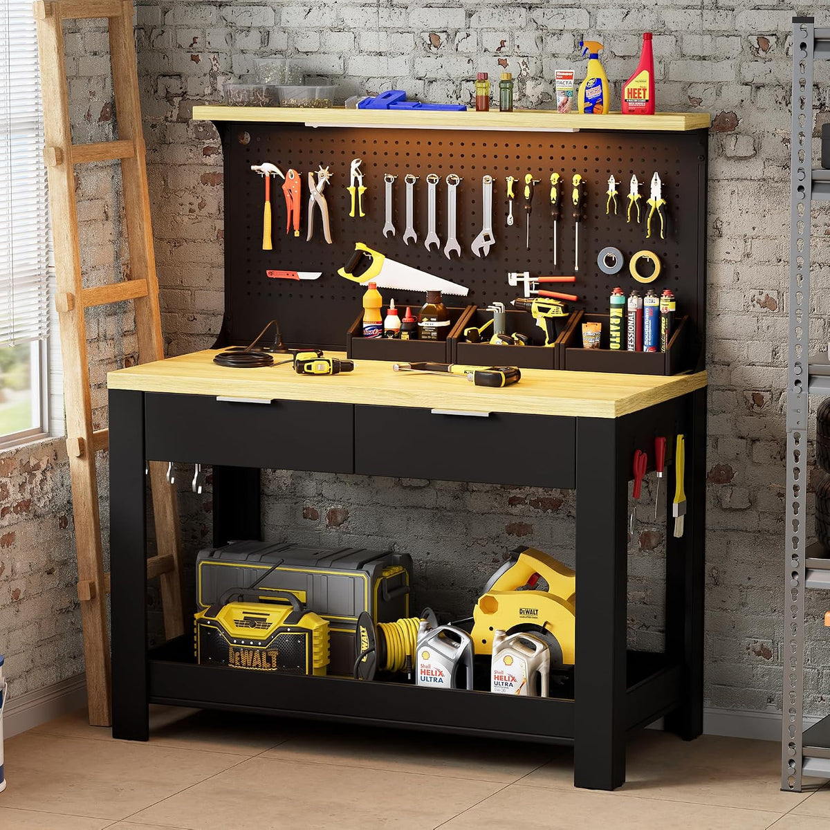 MSFE Elektrowerkzeug, 56x110x135CM, 200KG, Schwarz/Holz, Werkbank mit LED-Arbeitsleuchte und Steckdose, Werktisch mit 2 Schubladen