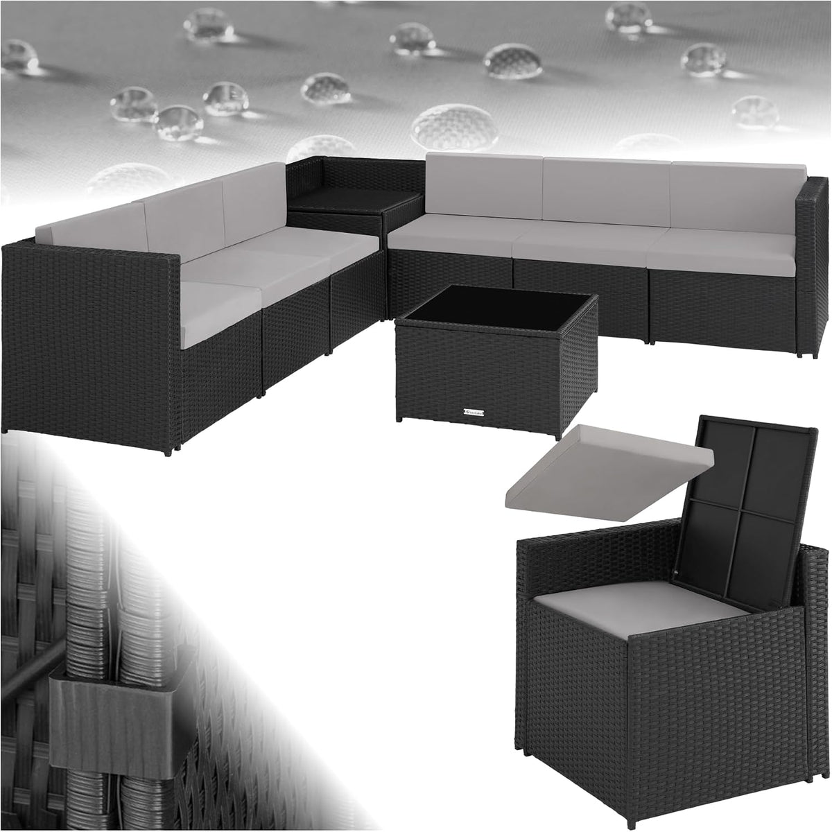 tectake Beistelltisch, Pulverbeschichteter Stahl, Polyethylen, Schaumstoff, Polyester, Glas, Schwarz/Grau
