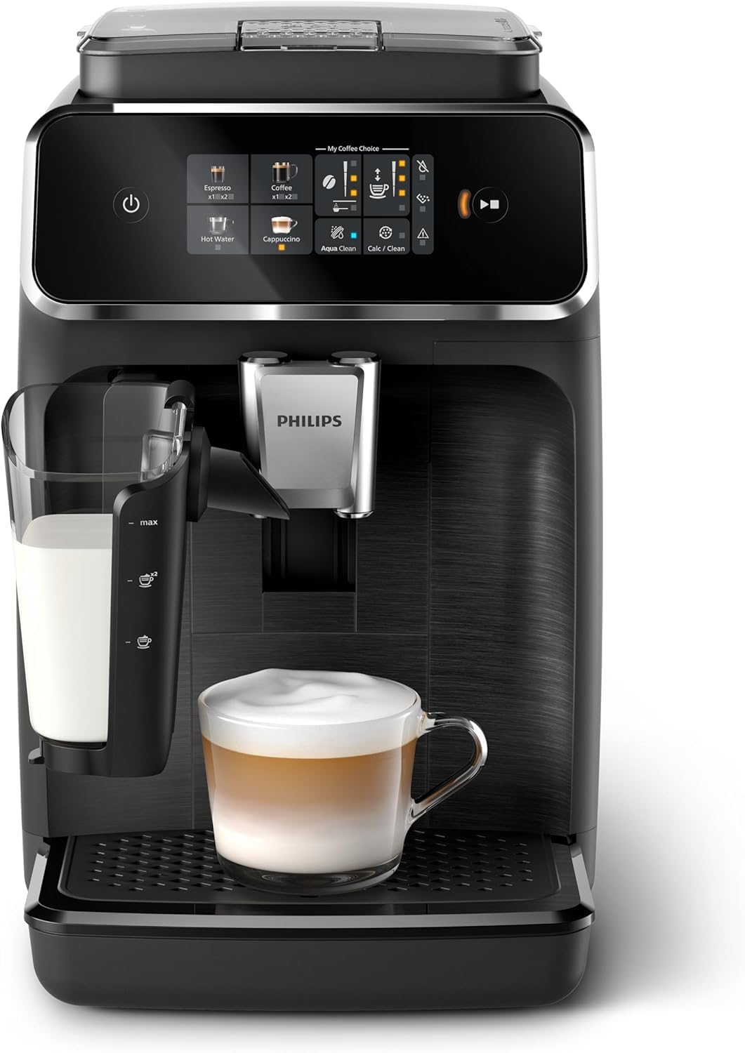 Philips Kaffeevollautomat, Schwarz/Silber, 2300 Series - 4 Getränke, Modernes Farb-Touchscreen-Display, LatteGo-Milchsystem