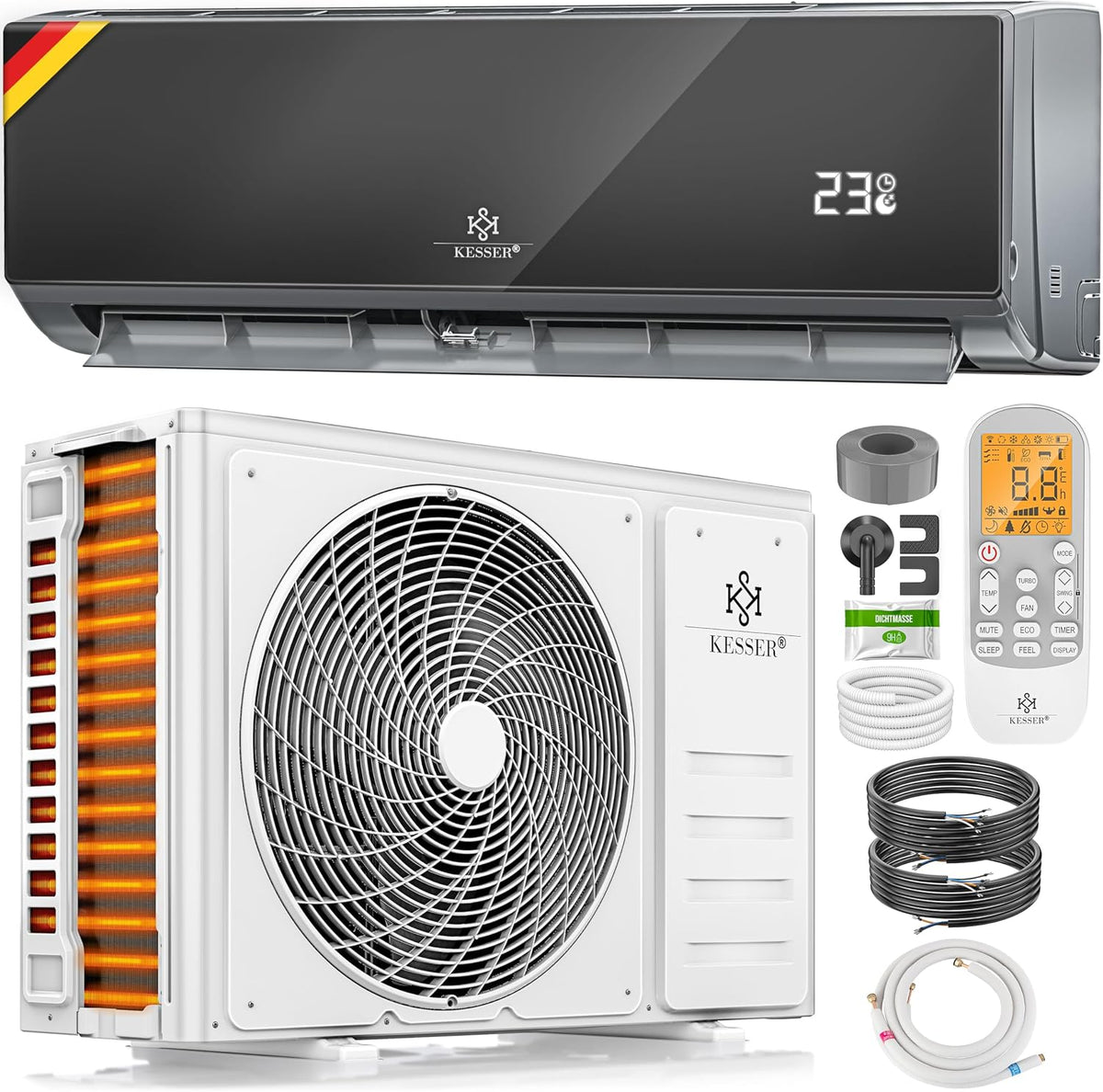 KESSER Klimaanlage, 2.600 W, Schwarz/Weiß, ® Set Split, WiFi/App Funktion Klimagerät, Kühlen A++/Heizen A+ -9000 BTU/h sehr leise