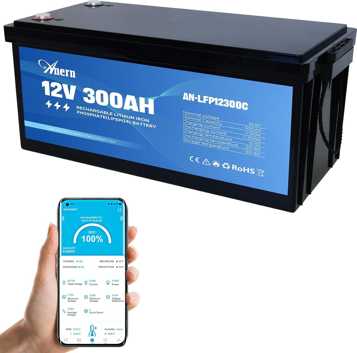Anern Deep-Cycle-Batterien, 3840 Wh, 300 Ah, 12 V, Schwarz/Blau, LiFePO4 Batterie Deep Cycle Lithium Batterie 300A BMS