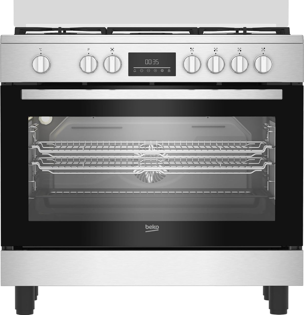 Beko Gasherd, 90 x 60 cm, 111 l, Edelstahl/Schwarz, BGM11226EX, Serie bpro 500, Multifunktionsofen, Kochfeld mit 5 Flammen mit Dreifachkrone