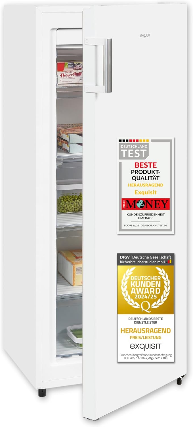 Exquisit Gefrierschrank, 155 Liter, Weiß, NoFrost, Tiefkühlschrank groß, Schnellgefrieren, Alarm-Funktion, GS5231-NF-H-010E weiss