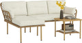 Outsunny Sofa, Creme/Natur, 3-teiliges Gartenmöbel-Set aus Rattan, Outdoor-Sitzgruppe mit 2-Sitzer-, Chaiselongue mit waschbaren Kissen und Couchtisch