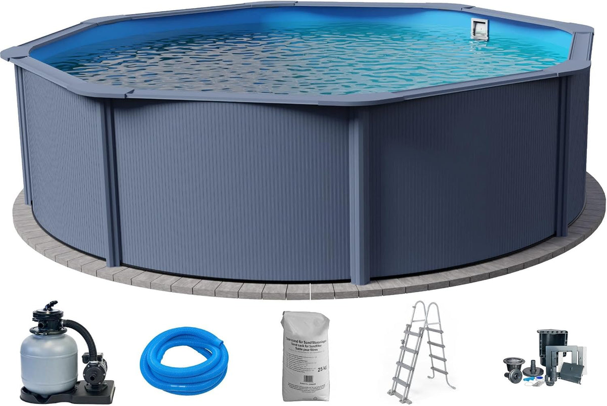 Planet Pool Stahlrahmenpool, 450 x 120 cm, 0,45 mm, 0,3 mm, Anthrazit/Blau, Stahlwand Set (5-teilig) hoch rund Classic