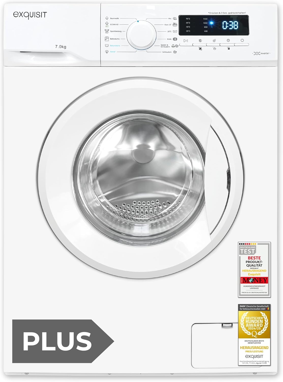 Exquisit Waschmaschine, 76 dB, 7 kg, Weiß, PLUS, Nennkapazität, Energieklasse A, 1400 U/Min, kompakte Bauform, 12 Programme
