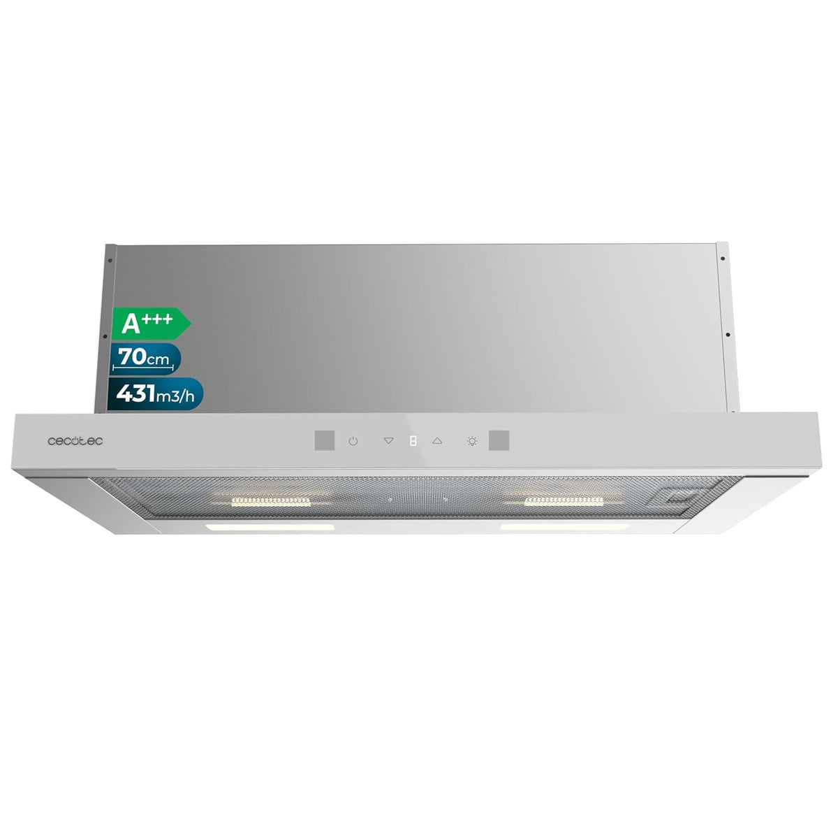 Cecotec Dunstabzugshaube 70 cm Teleskop Bolero Flux TLT 704400 Glas Schwarz A+++. Absaugung 431,2m³/h, Niedriger Verbrauch, DC-Motor, Bewegungs