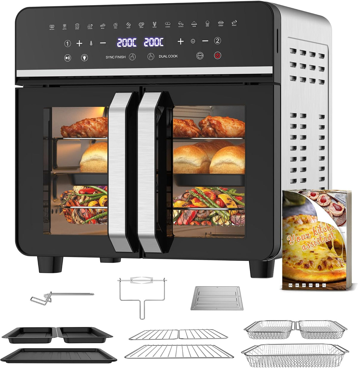 Emphsism Backofen, 2600 W, 23 L, Schwarz/Silber, Heißluftfritteuse XXL Mini mit Französischen Türen, Air Fryer Dual Zone mit Smart-Touch