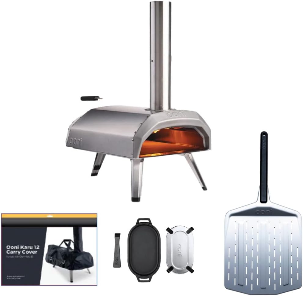 Ooni Multi-Brennstoff Outdoor Pizzaofen Karu 12, 30 cm, Silber/Schwarz, 12 Kombi-Set, -Ofen mit Pizzaschaufel (perforiert)