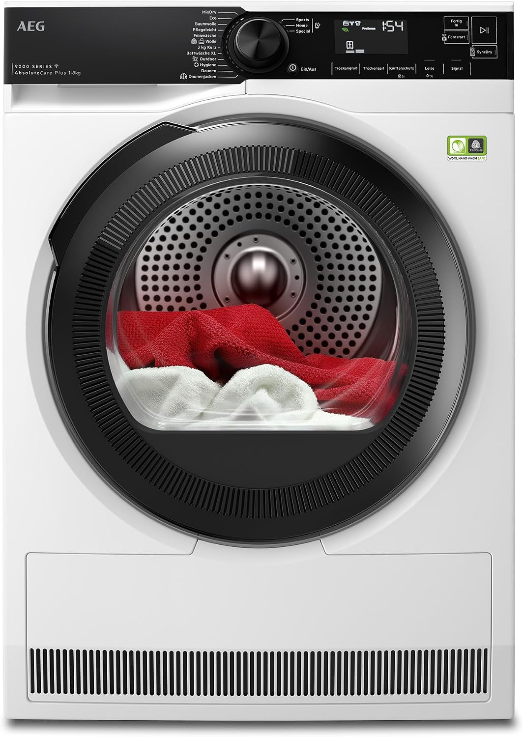 AEG Wärmepumpentrockner, 8 kg, Weiß/Schwarz, WiFi, Serie 9000 AbsoluteCarePlus - Daunentrocknung, 3D-Scan Restfeuchteermittlung
